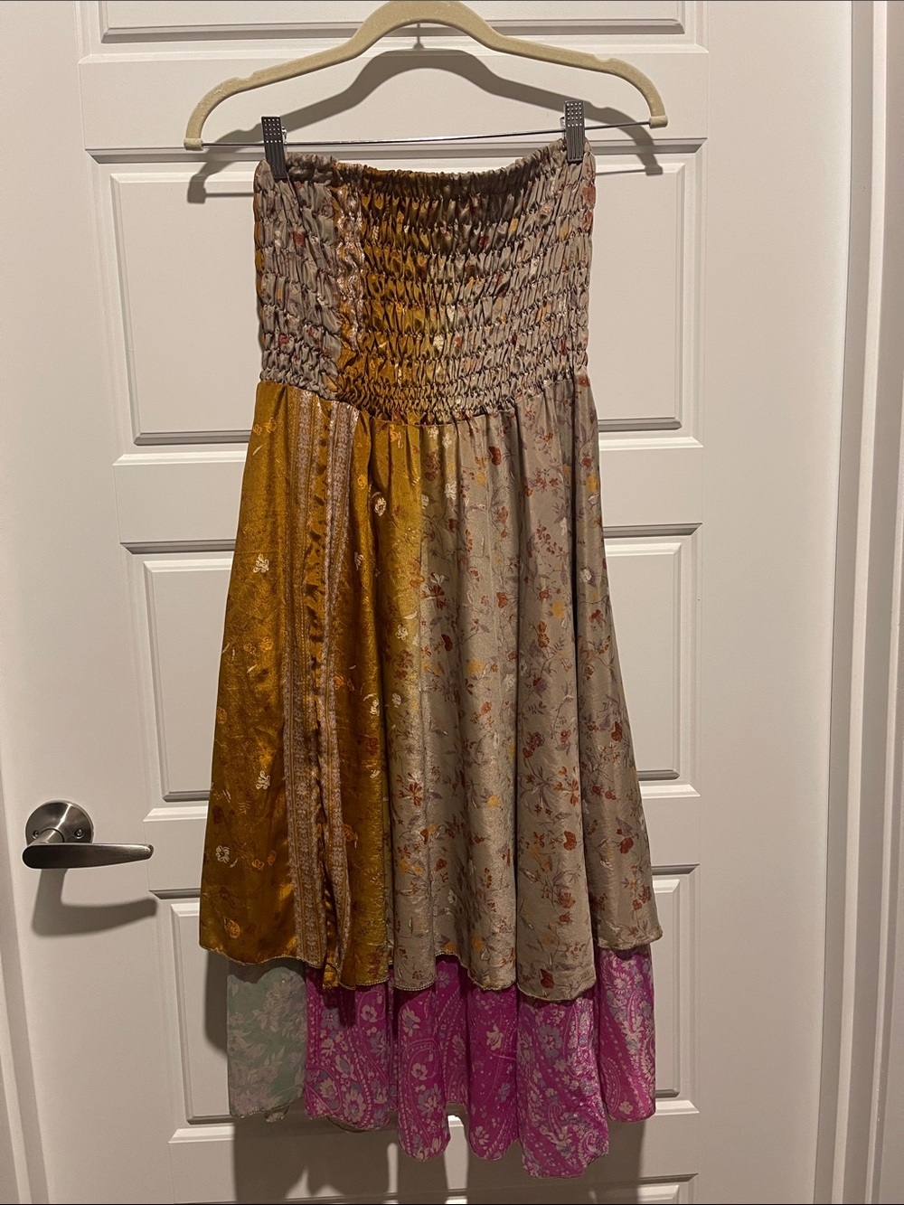 Boho Tiered Smocked Maxi Skirt in Mustard, Beige & Pink